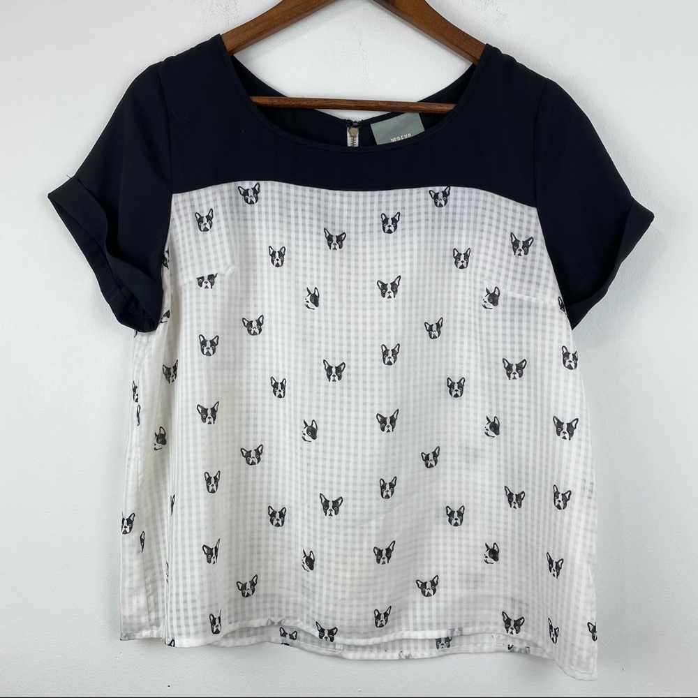 Maeve size Medium Women’s Black White Dog French Bulldog Short Sleeve Blouse Top